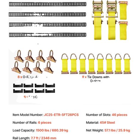Kit de rail de fixation E-Track, 4 rails, 2 sangles à cliquet, 4 Pack (1/2)
