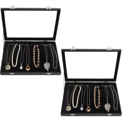Schmuck-Aufbewahrungsbox/Display aus schwarzem Samt mit 20 Haken und verschließbarem Golddeckel (2er-Pack) – stapelbare Tabletts – Halsketten, Armbänder, Ohrringe und Fußkettchen