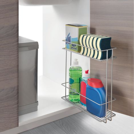 Rangement coulissant pour bouteilles et flacons – 2 étagères – Système coulissant Easyfix 3M – Revêtement Polytherm – Dimensions 10 x 34 x 38 cm – Metaltex