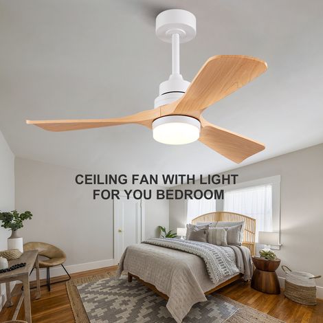 Ventilateur plafond 42 pouces 3 pales bois naturel lumière télécommande. Moteur DC réversible silencieux fonction mémoire style ferme