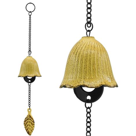 Japanisches Blatt-Windspiel aus Gusseisen, kleine Glocke, gelb, für Garten & Zuhause