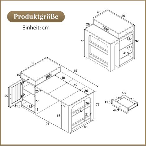 Kücheninsel mit Rollen, Ausziehbarer Esstisch mit abnehmbarer Tischplatte, Bartisch mit Steckdosenleisten, dient als Kücheninsel, Anrichte, Sideboard oder Bartisch für Küche und Esszimmer (Natur) (1/5)