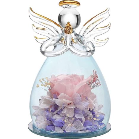 Geschenk zum Muttertag oder Geburtstag: Engelsfigur aus Glas, verziert mit hübschen lila Blüten – 11 x 7,5 cm – Hautrosa (1/5)