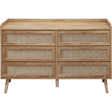 Calicosy – Commode 6 tiroirs en rotin naturel L120 cm – Façades en décor bois – Poignées dorées – Pieds en bois naturel