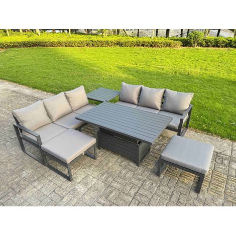 Fimous 6 Pieces Garden Furniture Set Aluminium Adjustable Rising Lifting Dining Table and Sofa Set with Side Table 2 Small Footstools Dark Grey (1/5)