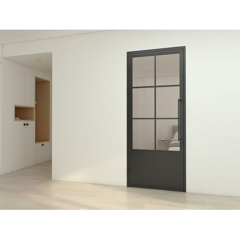 Porte verrière intérieure 83 x 204 cm, bloc porte Loft, verre transparent, style atelier soubassement noir 6 fenêtres, ouverture tirant gauche