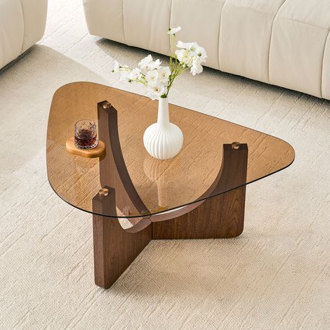Table basse moderne, plateau triangulaire en verre trempé teinté, structure stable en MDF couleur bois foncé, Brun, noyer (1/5)
