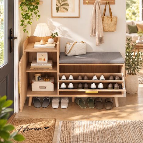 Meuble à chaussures 100 cm, 2 Portes pliantes, Niche ouverte et coussin gris, Poignées dorées, MDF et bois massif, Style moderne minimaliste (1/5)