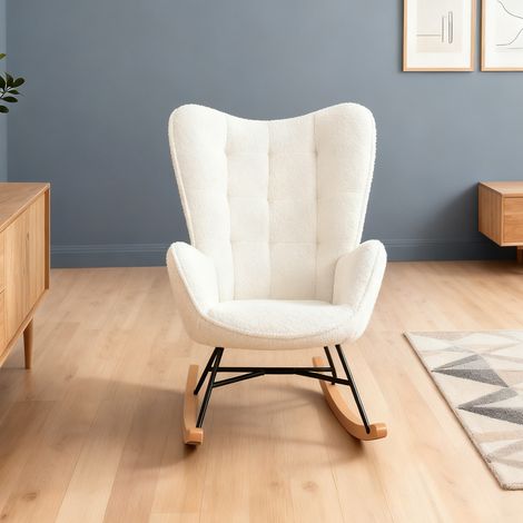 Meubles Cosy Funkel Fauteuil à bascule rocking chair scandinave en tissu bouclette avec pieds en bois de hêtre,blanc