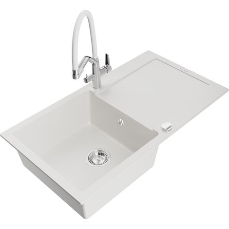 Mexen Leo lavello in granito a 1 vasca con scolapiatti e rubinetto cucina Duo, bianco - 6501-20-671701-02 (1/5)