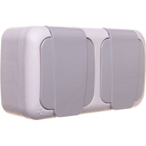 Enchufe Palmiye con toma de tierra y tapa, doble, horizontal, gris / 90555585