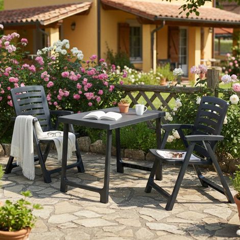 Gartenset Lithia: 2-Sitzer Outdoor-Set, Tisch Made in Italy, Camping-Bistroset, Schwarz Anthrazit (1/3)