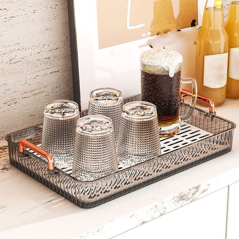 Plateau à thé rectangulaire en plastique avec égouttage intégré et poignées, antidérapant, idéal pour servir le thé lors de réceptions, sur une table basse ou en cuisine. Grand format, gris. (1/5)
