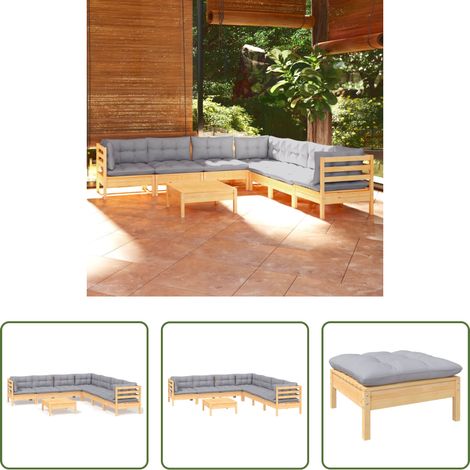 Terrassensofa - 8-tlg. Garten-Lounge-Set mit Grauen Kissen Kiefer Massivholz (1/5)
