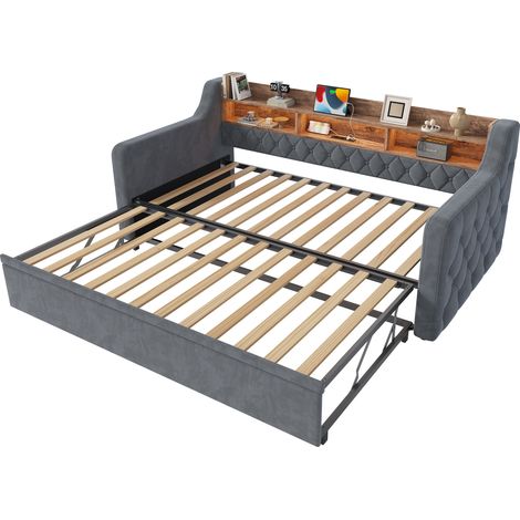 Sofá cama 90x190 cm de terciopelo gris oscuro con cama nido, LED y puertos USB Type-C (1/5)