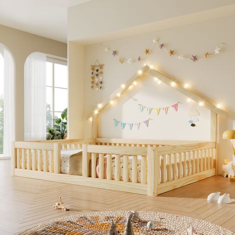 Lit cabane enfant 140x200 cm avec barrières anti-chute et guirlande LED, lit au sol avec grille de sécurité, gain de place pour chambre, bois, natural (1/5)