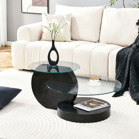Table basse design 90x70x44 cm noir et transparent, double plateau en verre et structure MDF MEUBLIV (1/5)