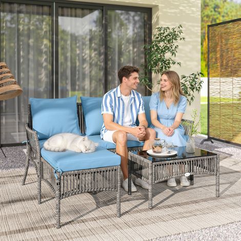 Conjunto de Jardín Exterior de Ratán con 1 Sofá de 2 Plazas 1 Sofá Esquinera y 1 Mesa de Centro Tablero de Vidrio Azul (1/5)