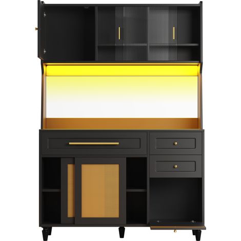 Aparador alto de cocina negro, 3 cajones, puertas de ratán PE y LED, 120x45x195,5 cm (1/5)