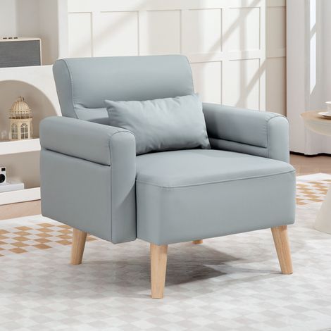Sillón Tapizado en Cuero Sintético Respaldo con Costuras y Patas de Madera para Salón o Dormitorio 77x78x78 cm Gris (1/5)