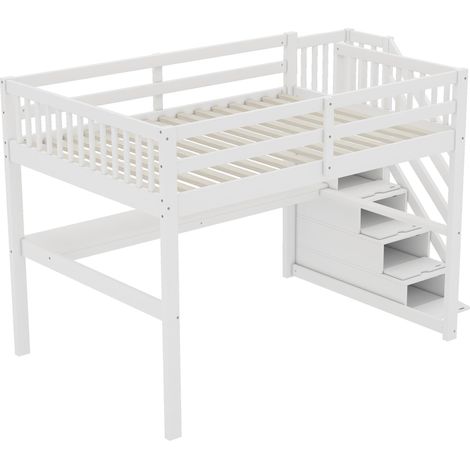 Lit mezzanine enfant 140 x 200 cm blanc avec bureau et rangements, pin et MDF (1/5)