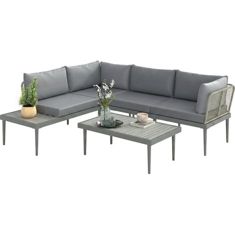 Outsunny 4 Seater Wicker Outdoor Corner Sofa Set with 2 Loveseats Grey