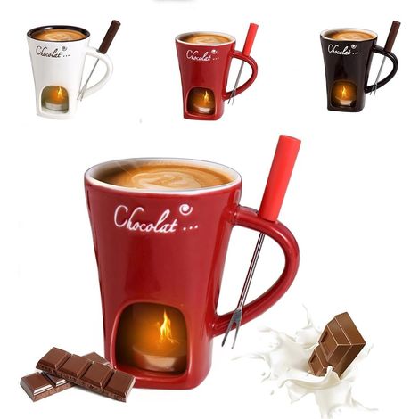 à fondue céramique - 1 tasse et fourchette - Chauffage bougie - Chocolat fromage beurre - 200 ml (1/5)
