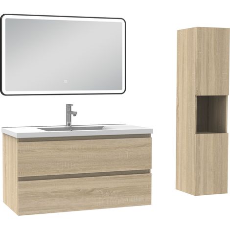 Acezanble Meuble salle de Bain 100cm avec colonne + miroir 3 couleurs Chêne Wotan