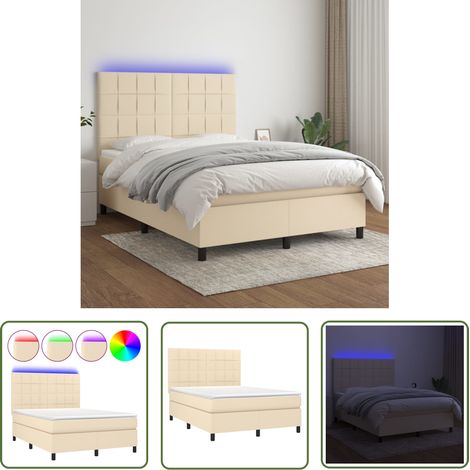The Living Store Boxspringbett mit Matratze & LED Creme 140x200 cm Stoff - Boxspringbett - Doppelbett - Cremefarbenes Bett - Bettauflage - Lattenrost (1/5)