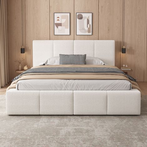 Lit rembourré,lit double,180 x 200 cm,lit à lattes,tête de lit,tête de lit rembourrée,bouclé beige
