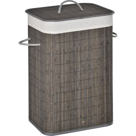Cesto de ropa sucia estrecho de bambú con tapa 83 L gris (1/5)