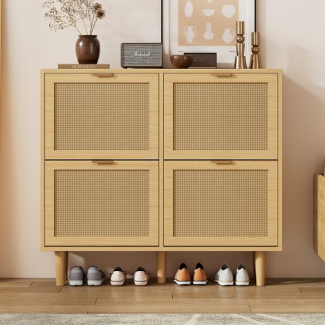 Armoire à Chaussures avec 4 Tiroirs Rabattables, Commode à Chaussures en Rotin avec Poignées Métalliques, Etagère à Chaussures pour Entrée, Chambre, Style Campagne, Dimensions : 100 x 25 x 90 cm