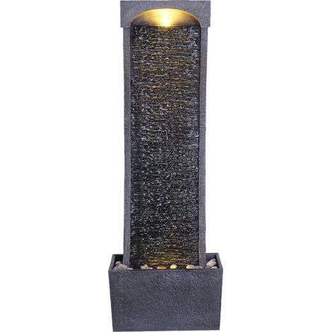 Teamson Home 98 cm Indoor/Outdoor Moderner Gebogener Kunstschiefer-Wasserfallbrunnen mit LED-Leuchten, Schwarz und Steingrau