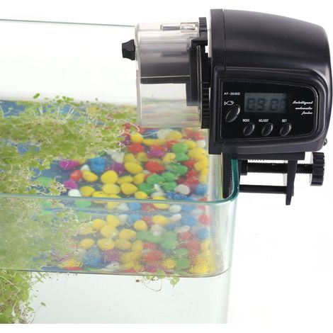 Automatischer digitaler Futterspender für Aquarien mit LCD-Timer, elektronischer Spender für Flocken, Granulat und Tabletten – 11 x 11 x 7 cm, Schwarz, AAA-Batterien nicht enthalten (1/5)