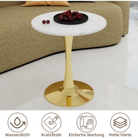 Table ronde en marbre blanc veiné 70 cm, table basse dorée style moderne vintage, pour 2 à 4 convives, parfaite pour salon ou salle à manger.