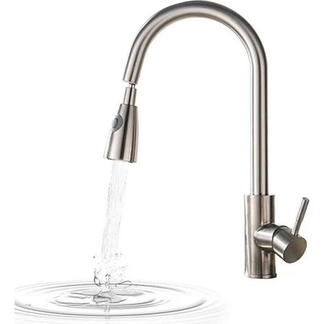 Küchenarmatur mit ausziehbarer Brause - JINFGERNE - 2 Strahlarten, 30 cm Schlauch, Keramikkern, Oberfläche in gebürstetem Nickel und 360° schwenkbarer Auslauf (1/5)
