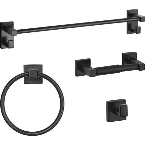 Ensemble d’accessoires de salle de bain en acier inoxydable SUS201 – Porte-serviettes, anneau rond, crochet et support papier toilette, montage mural, noir (1/5)