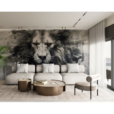 Papier Peint Noir et Blanc - Portrait de Lion Sauvage - 150 x 250 cm (1/2)