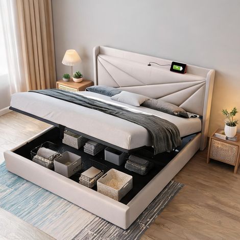 Tête de lit beige en coton lin (1/5)