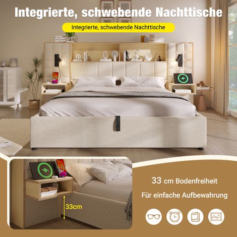 Lit capitonné 180x200 avec coffre de rangement, structure beige, éclairage LED et 2 appliques de lecture, 2 chevets intégrés, port USB-C, housse en lin, sommier à lattes fourni, sans matelas. (1/5)