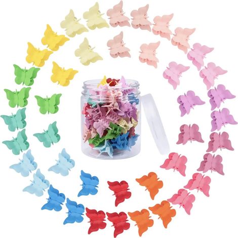Pinzas para el cabello con forma de mariposa para niñas y mujeres, 72 pinzas pequeñas con forma de garra en caja, lindas pinzas de plástico antideslizantes, 18 colores diferentes. (1/5)