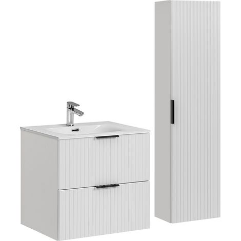 Waschtisch und Hängesäule 60cm Adriel mit 2 Schubladen, Weiß