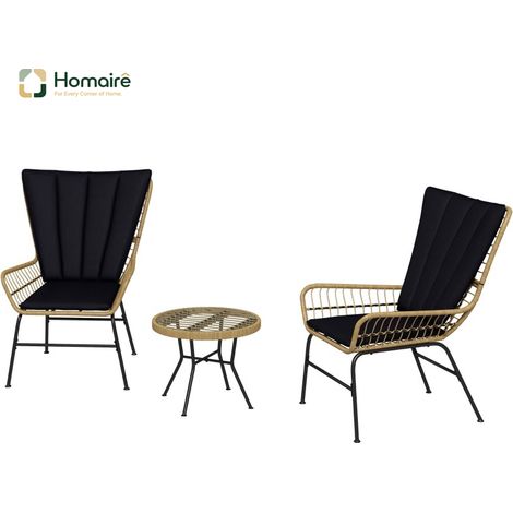 HOMAIRE Ensemble de salon en rotin à 3 pièces avec 2 chaises, table d'appoint, plateau en verre dur et coussins