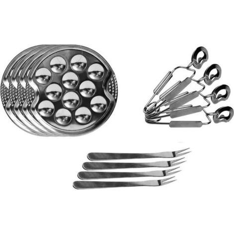 12 pièces, service escargots inox gris, coffret dégustation 4 personnes, assiettes 19 cm, pinces et fourchettes, repas festifs