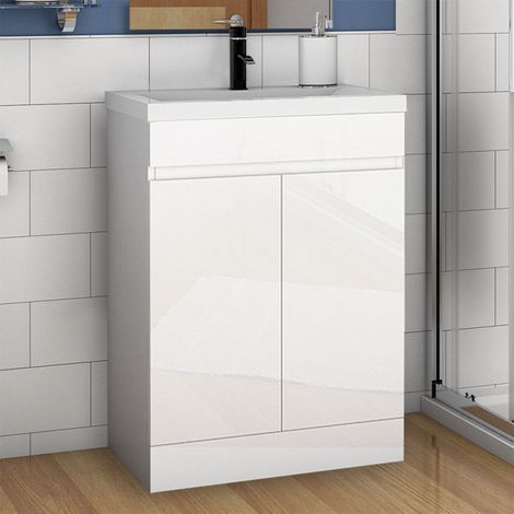 Biububath 600mm Bathroom Sink Vanity Unit with Ceramic Basin Gloss White Freestanding
