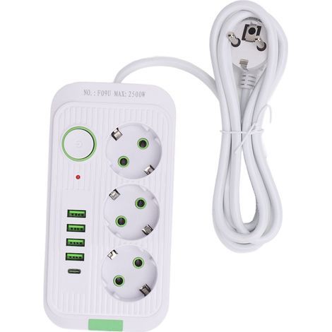 Europäische Steckdosenleiste mit 3 Steckdosen, 4 USB-Anschlüssen und 1 Typ-C-Anschluss Wandsteckdosenverlängerung mit 2 m Kabel (1/5)