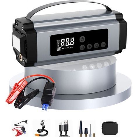 Booster Batterie Voiture avec Gonfleur 150PSI, 6000mA Demarreur Batterie Voiture pour Jusqu’à 8L Gaz ou 5L Diesel, Booster Moto avec Éclairage LED, Chargeur USB-C et Écran LCD (1/4)