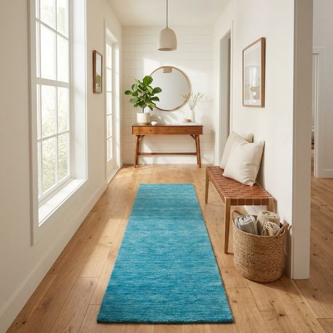 Tapis Gabbeh indien Tapis Uni - Tapis en laine  - 200x80cm, Rectangular - 100% Laine vierge - Tissé main - Turquoise