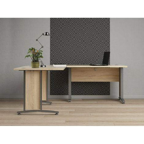 Dmora - Escritorio Heling, Escritorio multiusos, Mesa de oficina para PC, El plan de trabajo, 200x200 h75 cm, Gris y Roble (1/5)