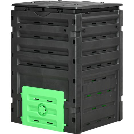 Composteur de jardin 450 L, bac composteur pour jardin, 80 aérations et 2 portes coulissantes, 69 x 71 x 103 cm, noir